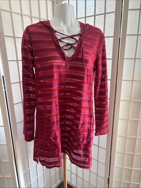 Prana Burgundy Striped Lace-Up Hooded swim cover